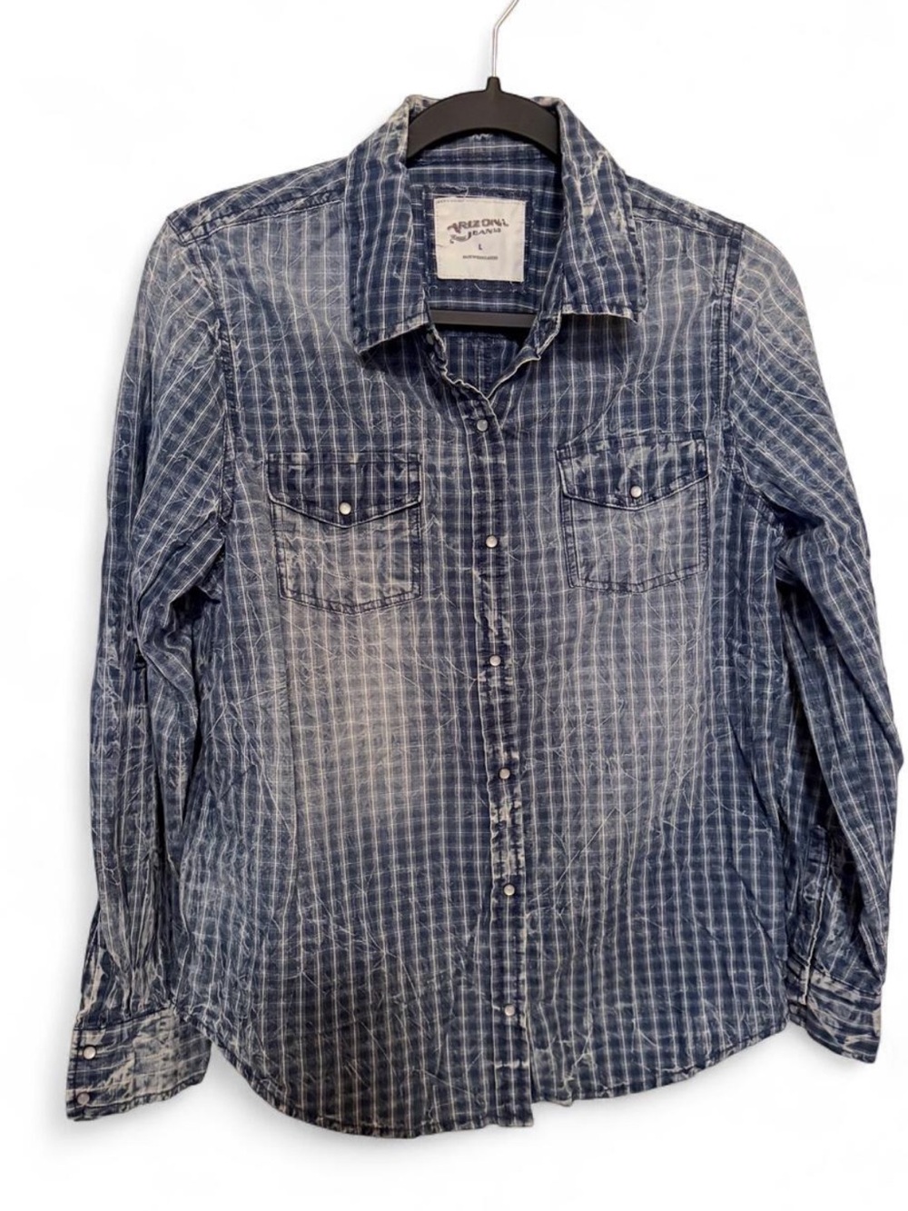 Arizona Jeans Men's Faded Blue Plaid Snapped -Down Shirt